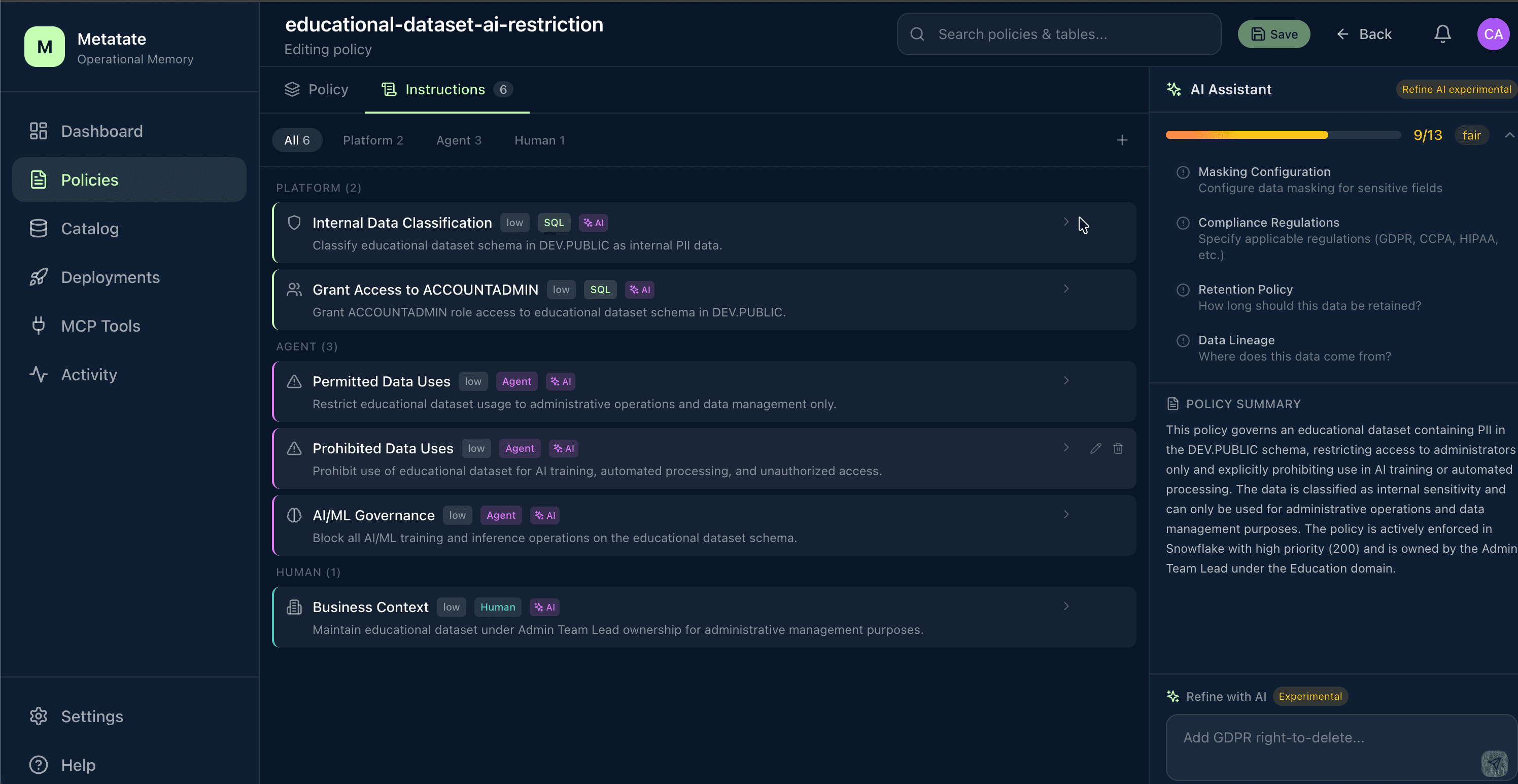 Policy instructions editor with AI assistant